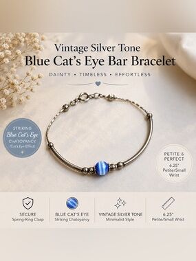 Vintage Silver Tone Blue Cat’s Eye Bar Bracelet